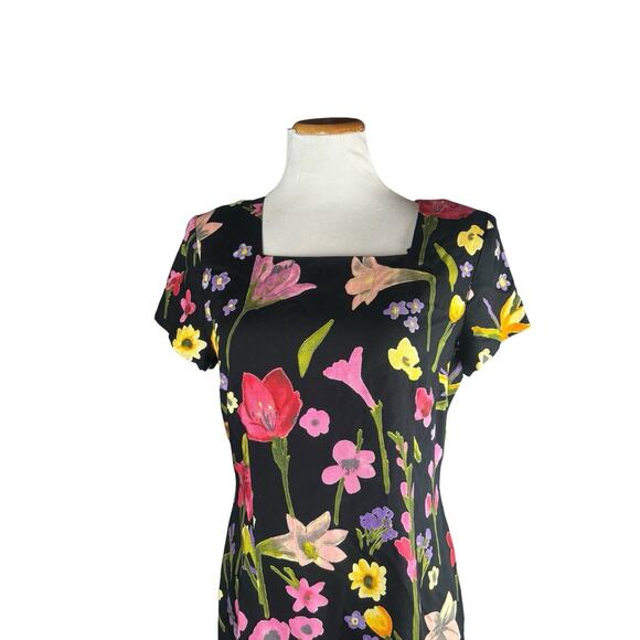 Y2K Floral Square Neck Above Knee Size 10 Positive Attitude Black Dress - Picture 3 of 7